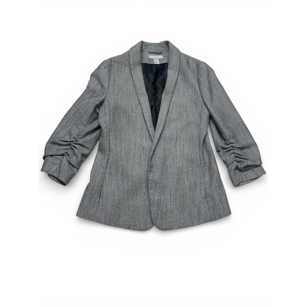 H&M‎ Women's Gray Textured Open Front Blazer Jacket Ruched Sleeves US 8